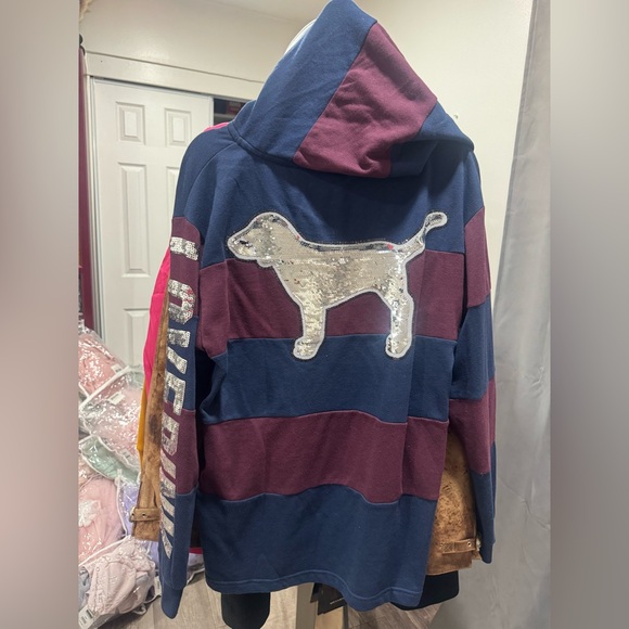 PINK Victoria's Secret Striped Dog Hoodie - Navy & Burgundy - Picture 4 of 5